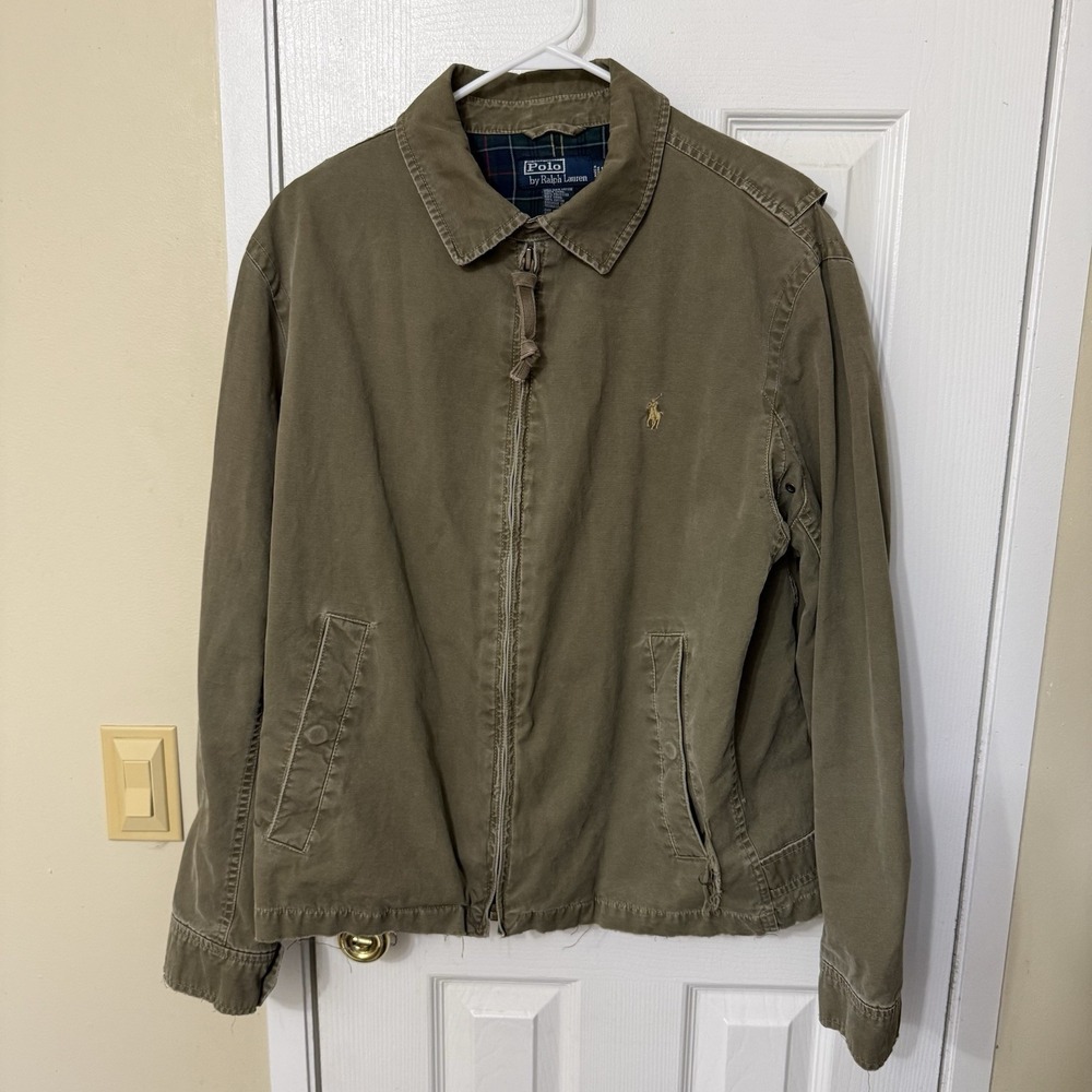 VTG Polo Ralph Lauren Harrington Jacket Green Plaid Lined Large Distressed Faded